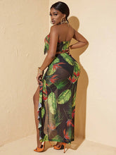 Women's Tropical Plant Print Splice Ruffle Hem Strapless Top And Mermaid Skirt Set